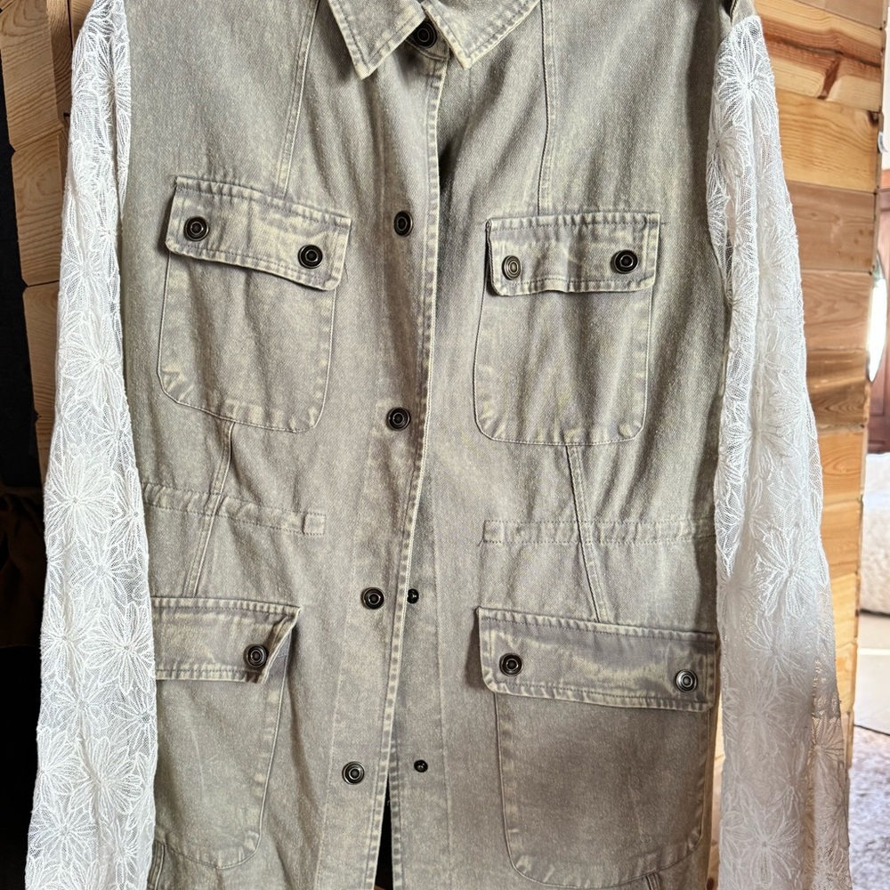 Gimmicks by BKE Olive Jean Jacket with White Lace Sleeves